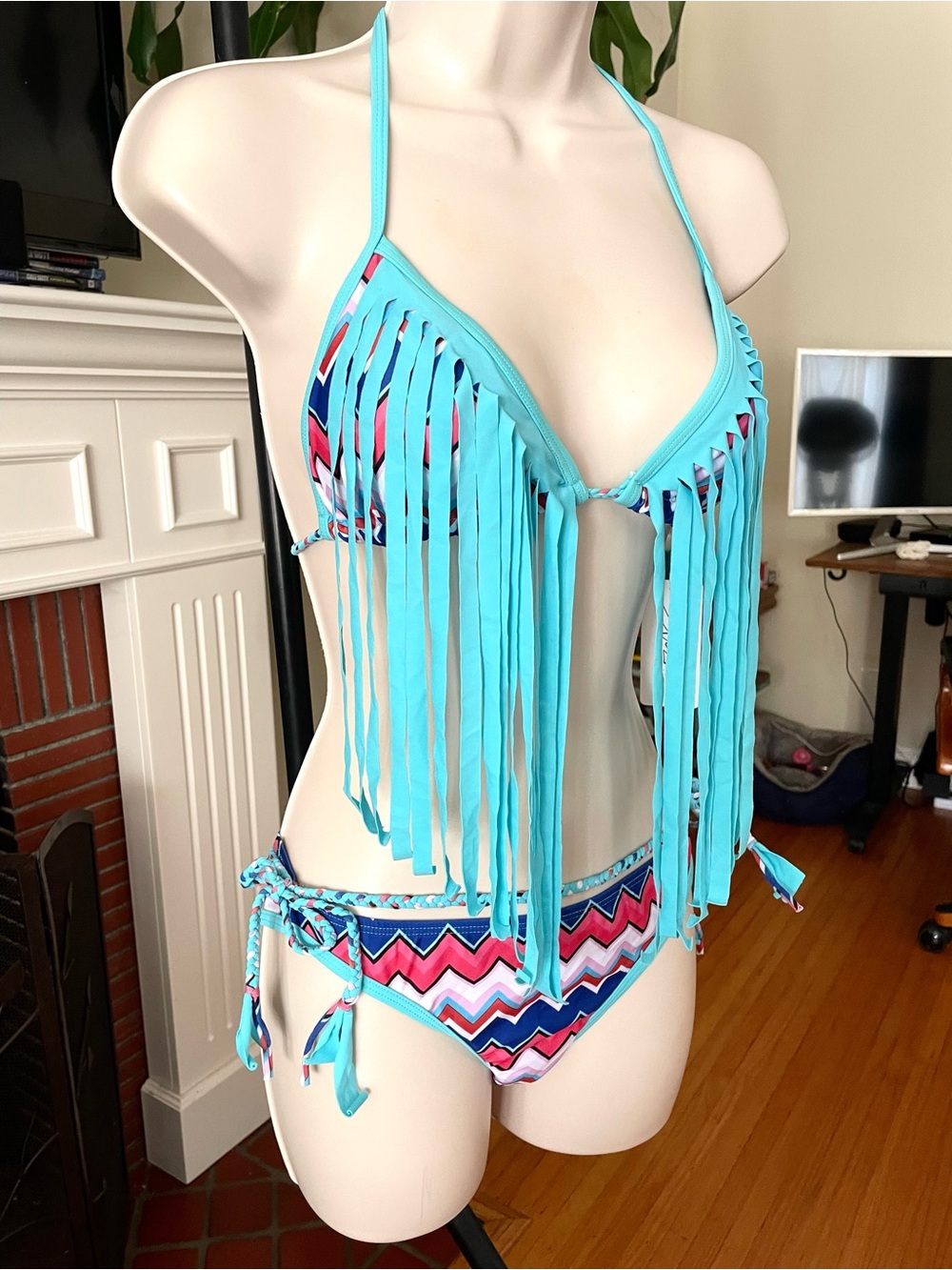 Elizra Turquoise Fringe Chevron Swimsuit Belted Bikini Large Medium